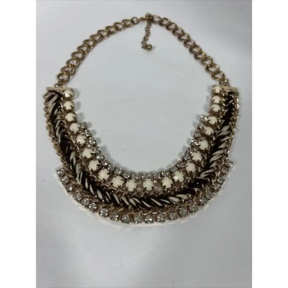 Ann Taylor‎ LOFT Women's Beige&Brown Ribbon Gold Link Crystal  Fan Necklace